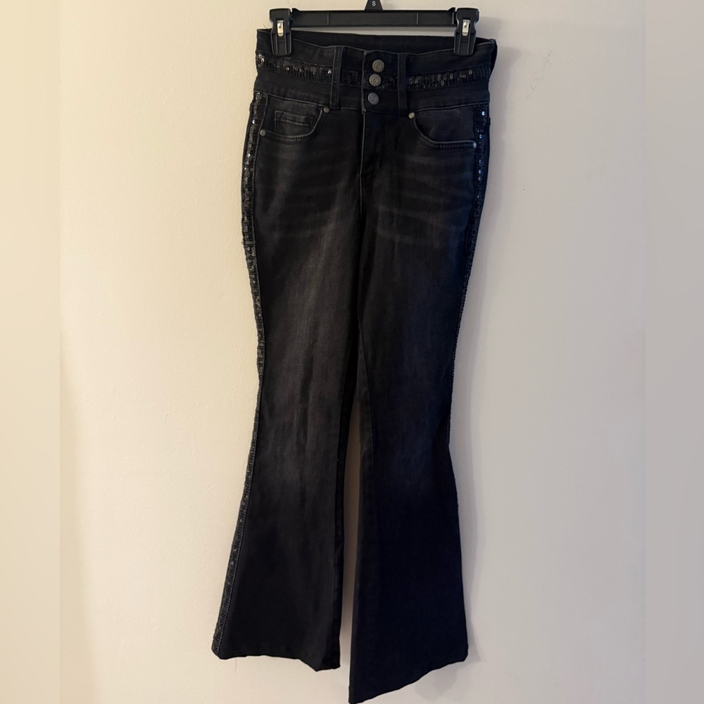 Rockin' C Jeans Womens 26 Flare Bell Bottom Sequin Stretch Black Rodeo Y2k